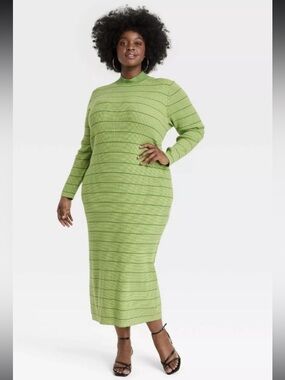 NWOT Figure-Flattering Lime Green Long Sleeve Ribbed Maxi Dress